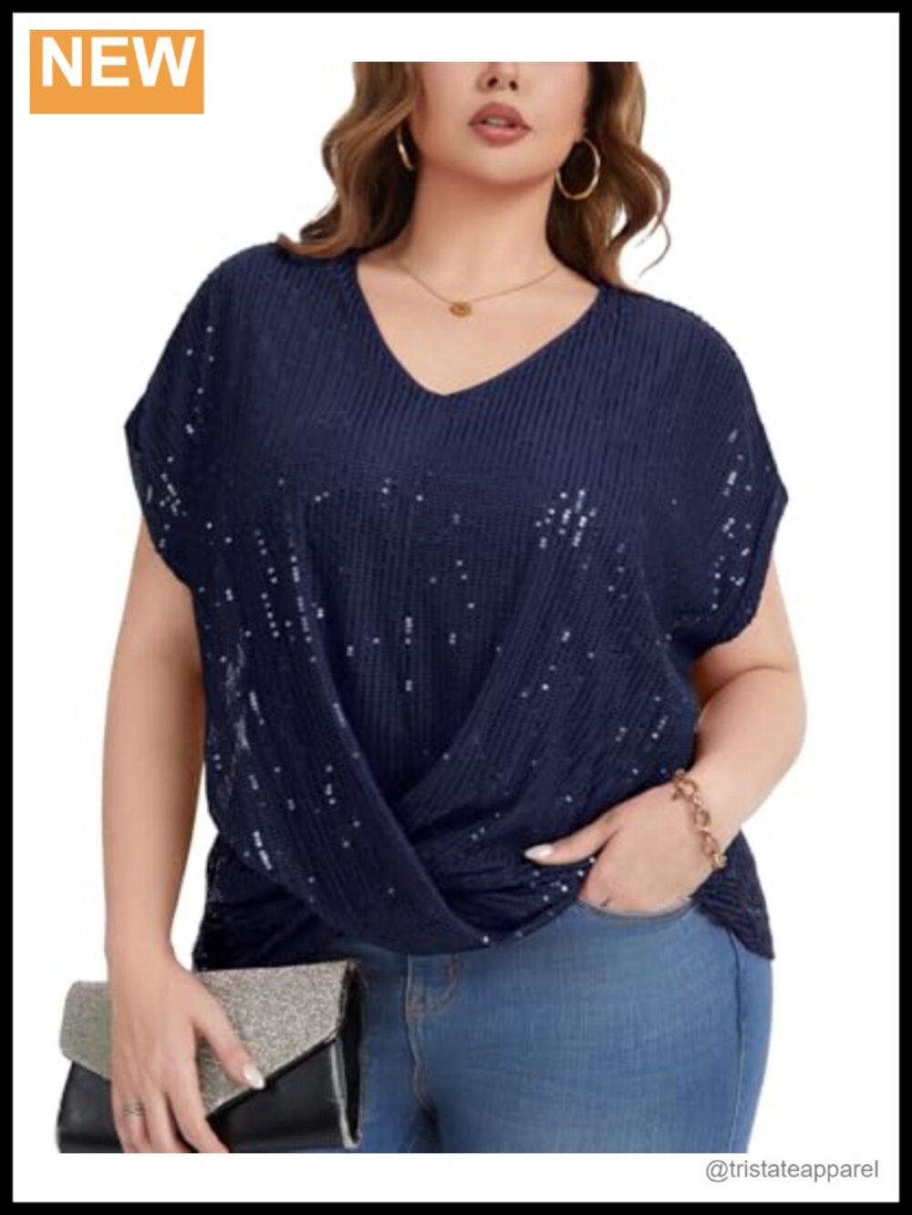 Womens Plus Size Sequin Top Short Batwing Sleeve V Neck Shirt